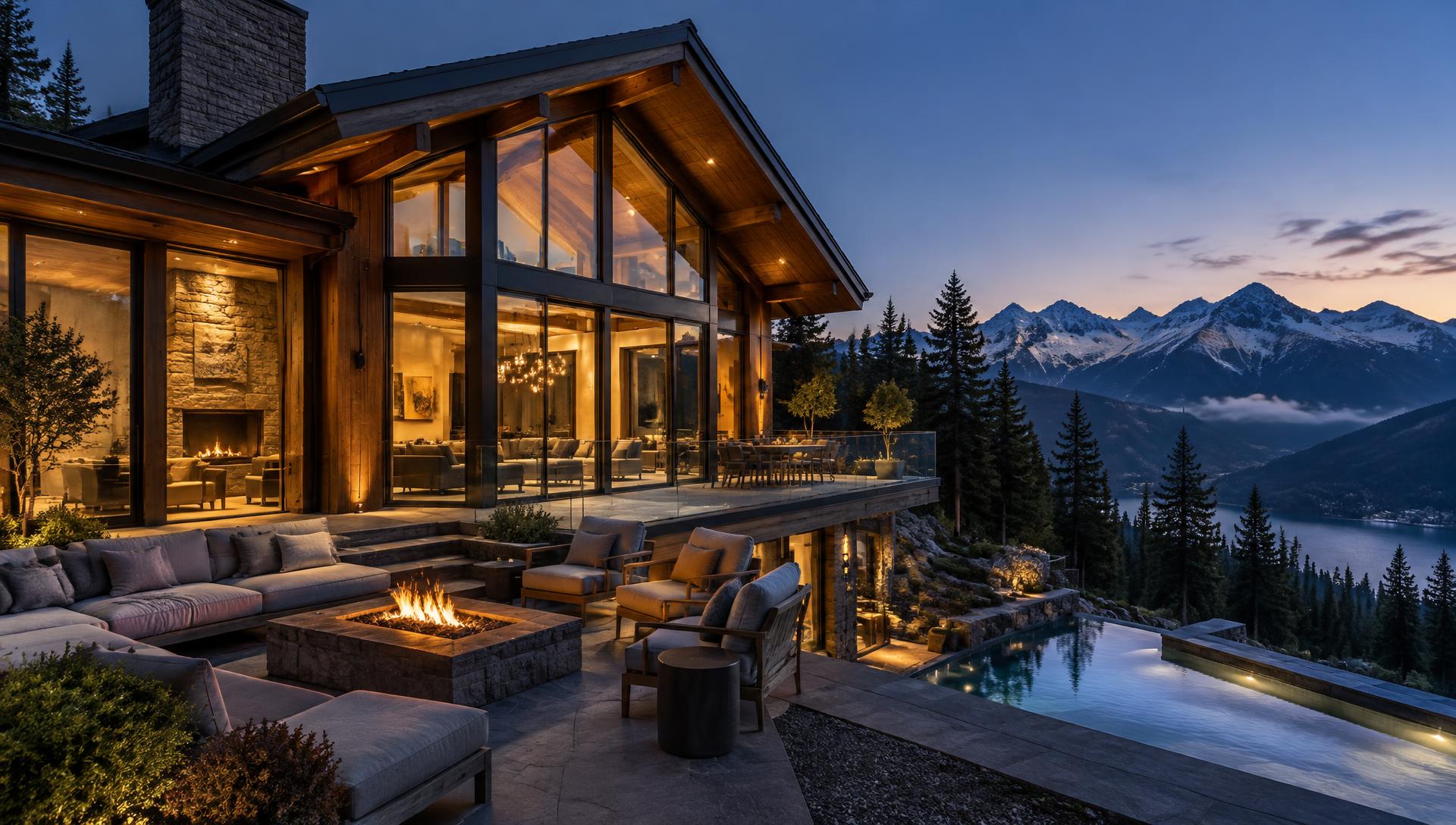 Mountain lodge at dusk