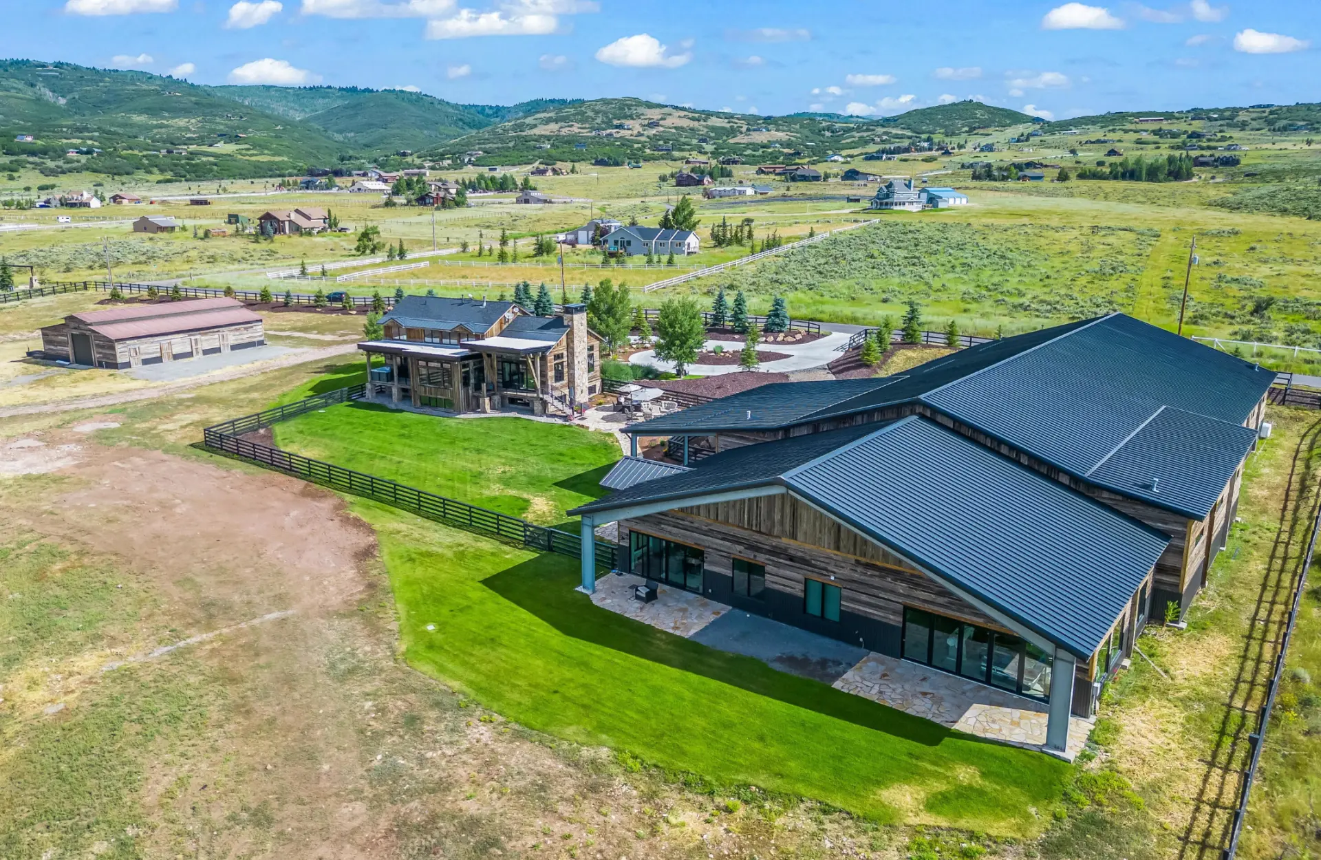 Aerial view of the private Park City estate among rolling green hills